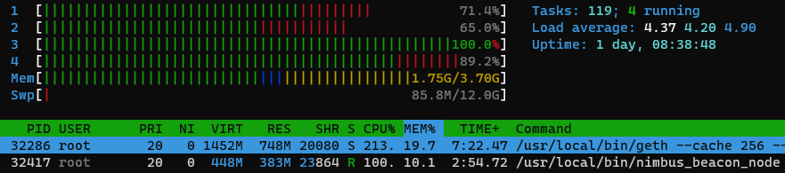 Htop screenshot on raspberry pi